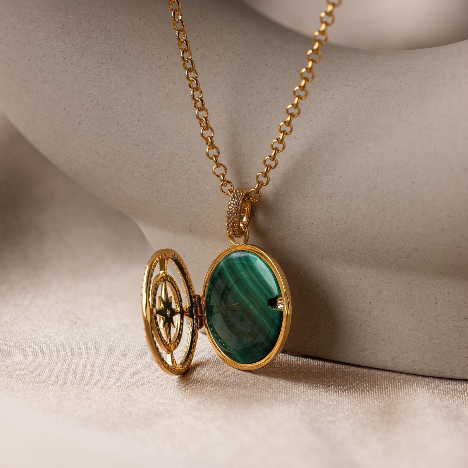 Malachite Compass Locket Necklace